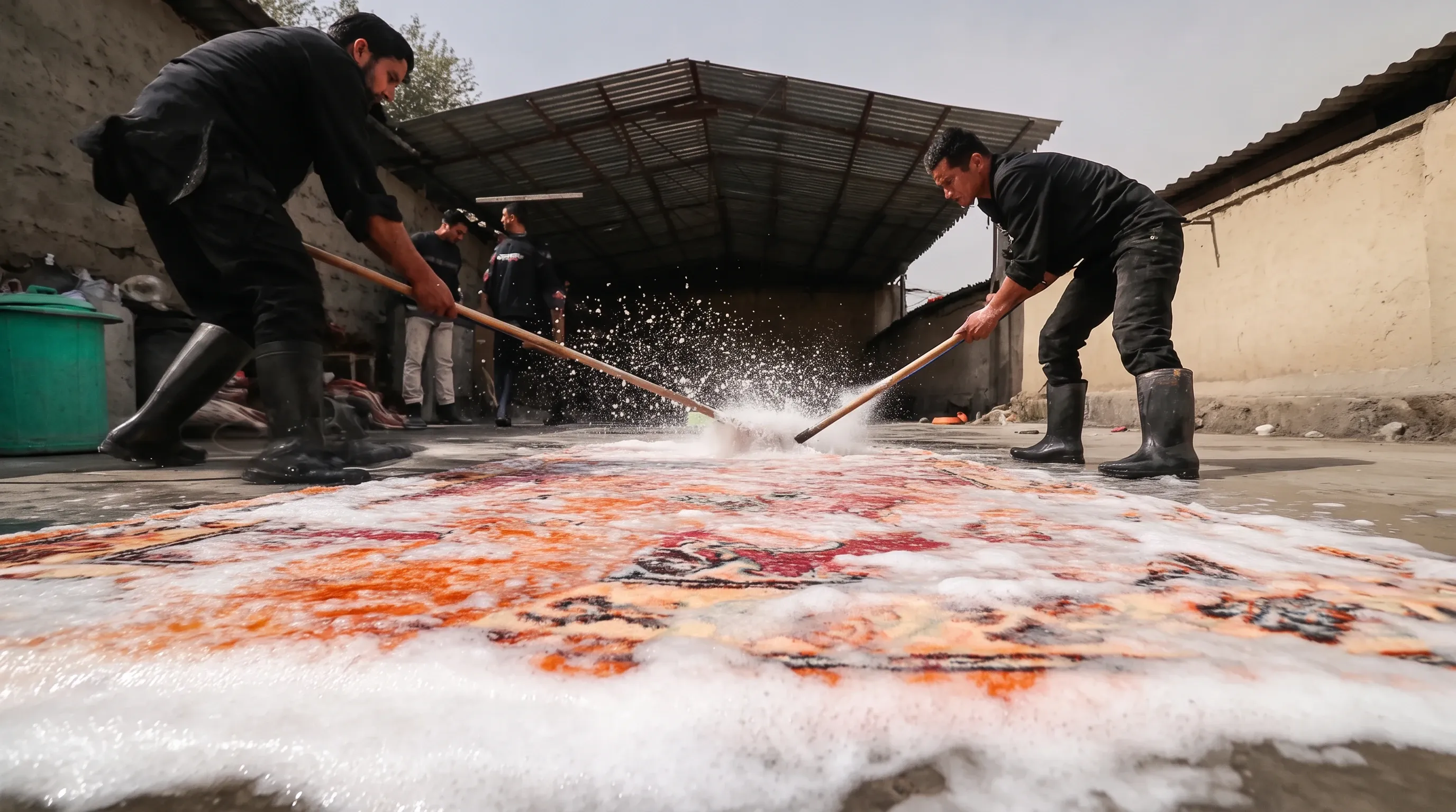 Lavage d’un tapis d’Orient, brossage et rinçage à l’eau